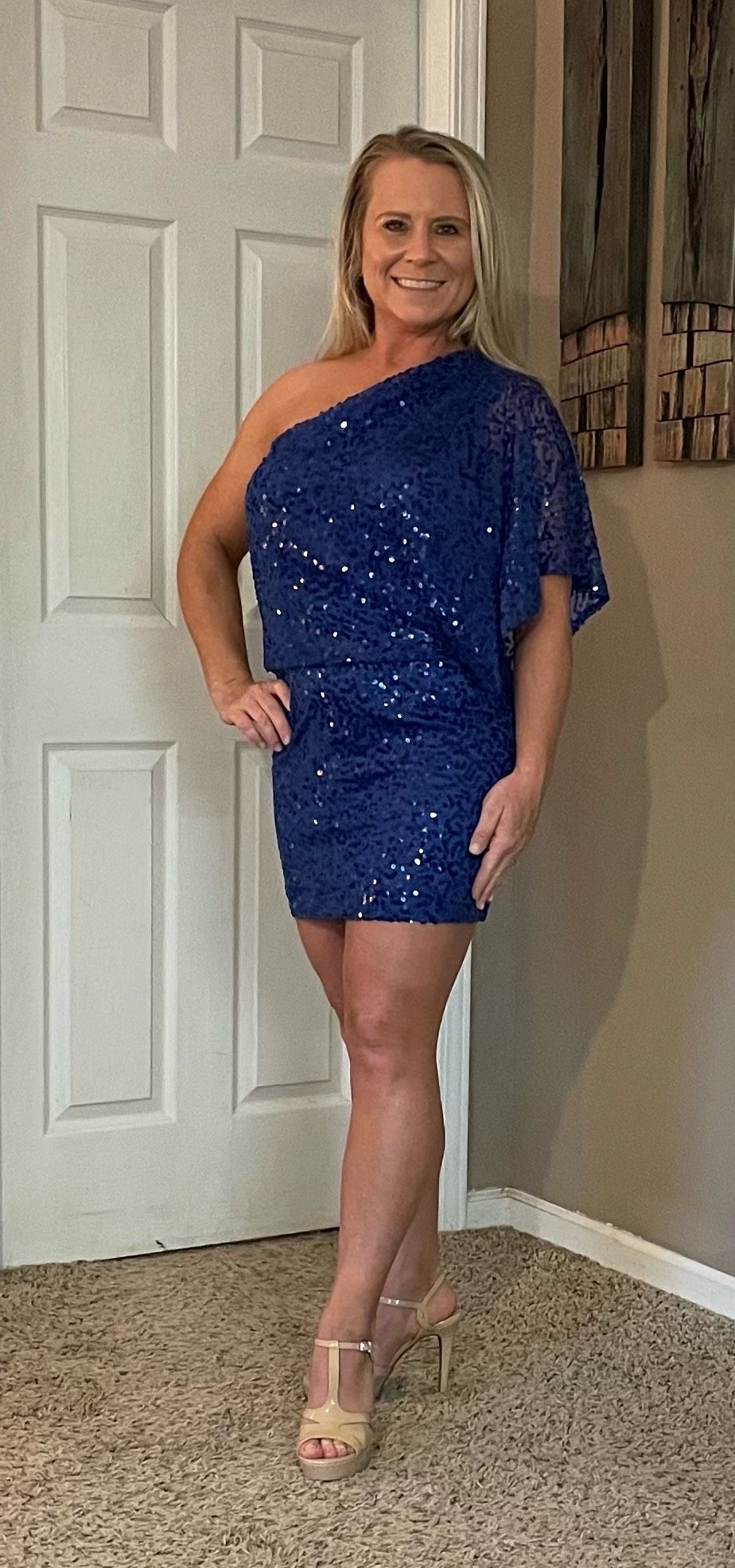 Jessica Simpson Size 4 One Shoulder Sequined Royal Blue Cocktail Dress on Queenly