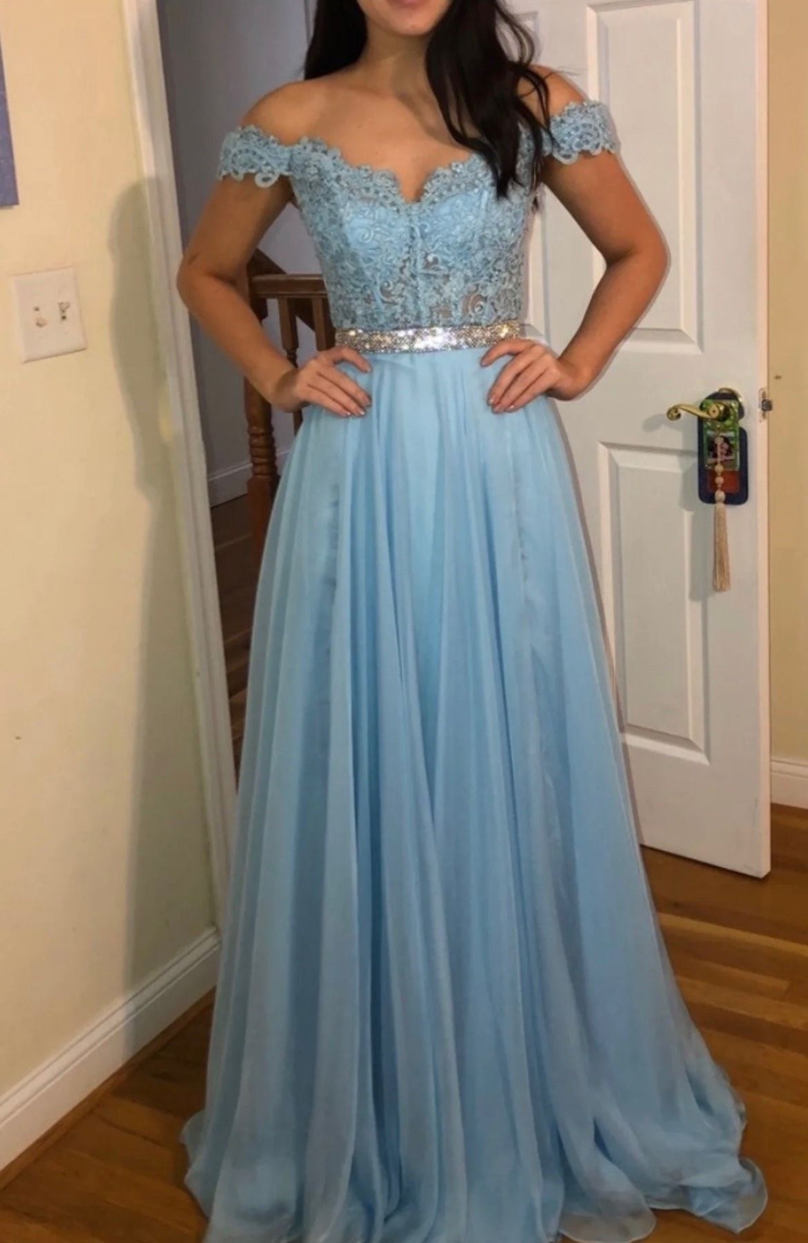 Sherri Hill Size 00 Prom Off The Shoulder Lace Light Blue A-line Dress on Queenly