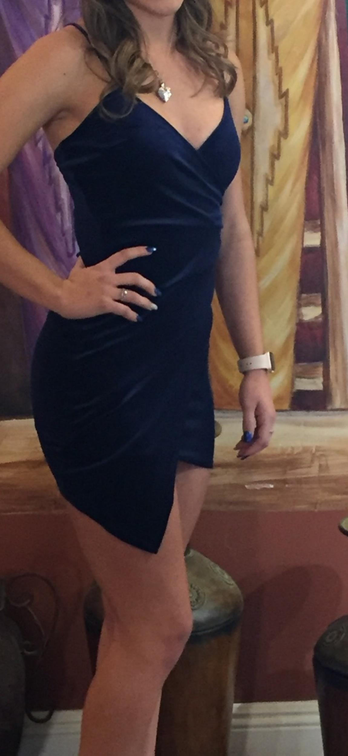 Size 6 Homecoming Velvet Navy Blue Side Slit Dress on Queenly