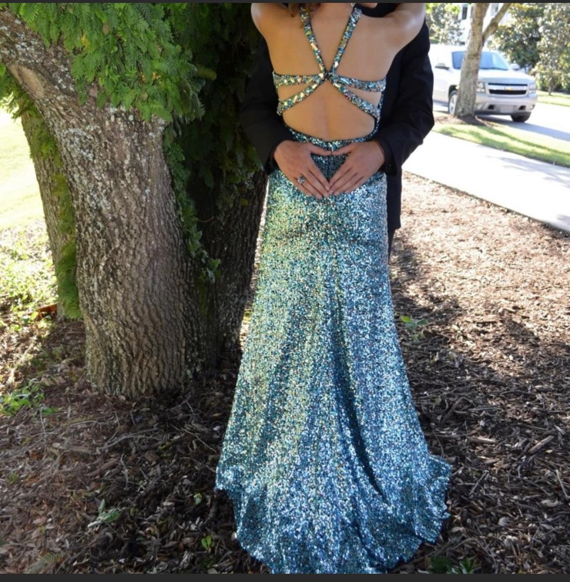 Sherri Hill Size 6 Prom High Neck Sequined Blue Mermaid Dress on Queenly