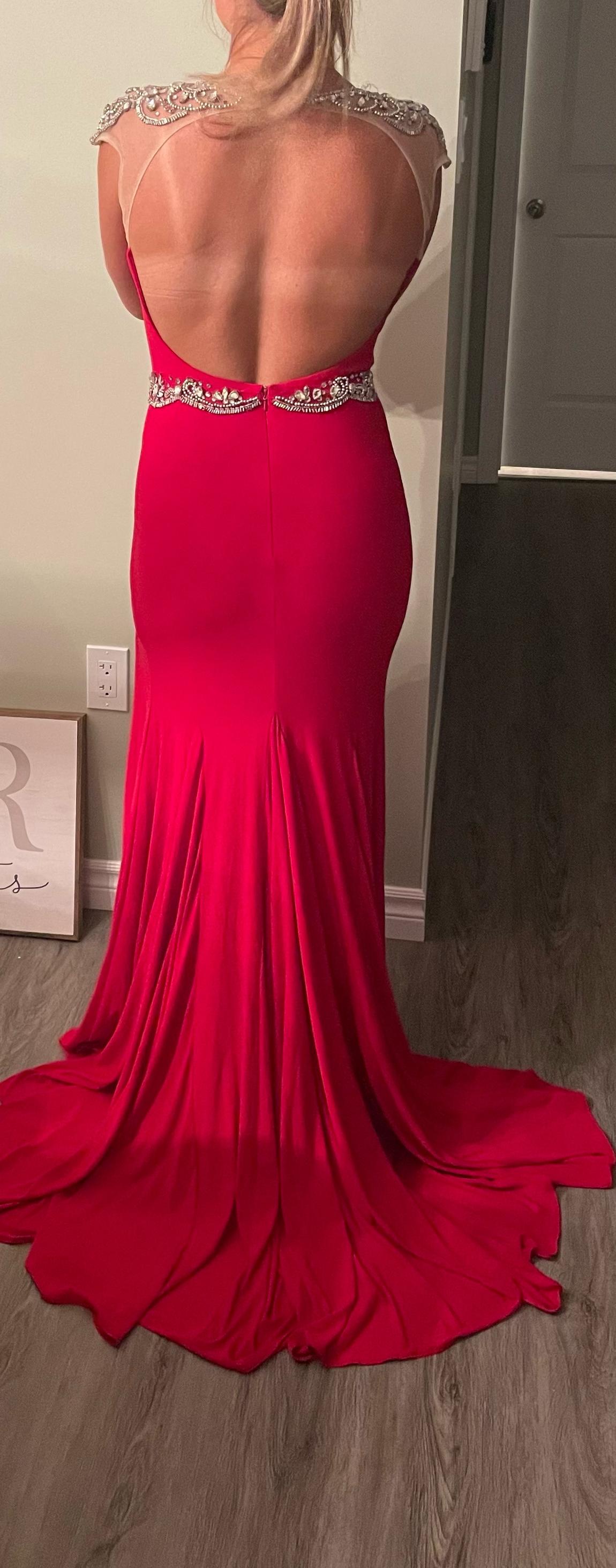 Mac Duggal Size 6 Sheer Red Side Slit Dress on Queenly