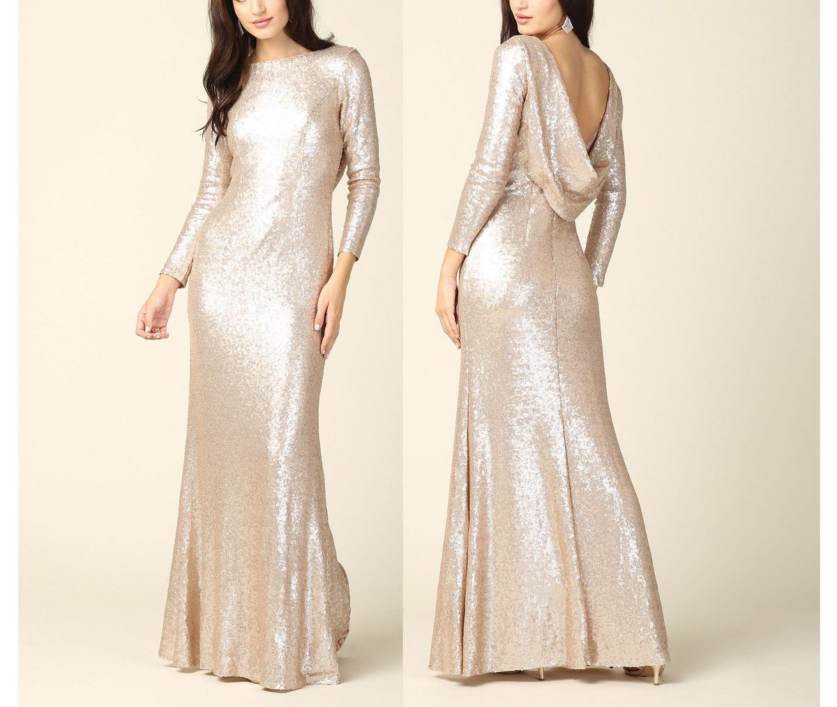 Style Champagne Sequin Long Sleeve Cowl Back Ball Gown EVA Size 12 Nude Floor Length Maxi on Queenly