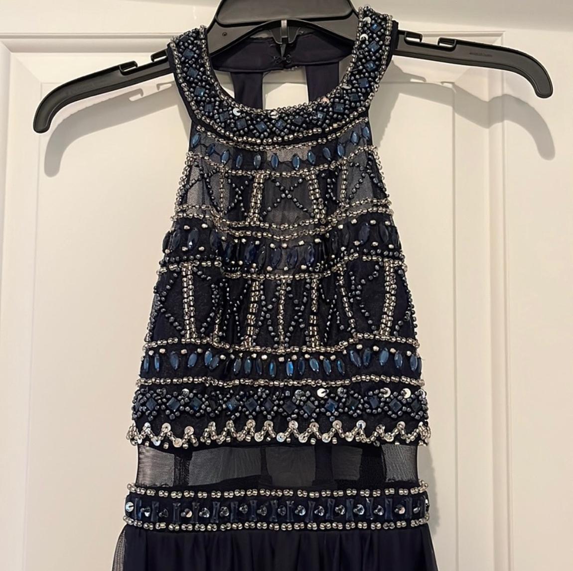 Sequin Hearts Size 0 Prom Halter Sequined Navy Blue A-line Dress on Queenly