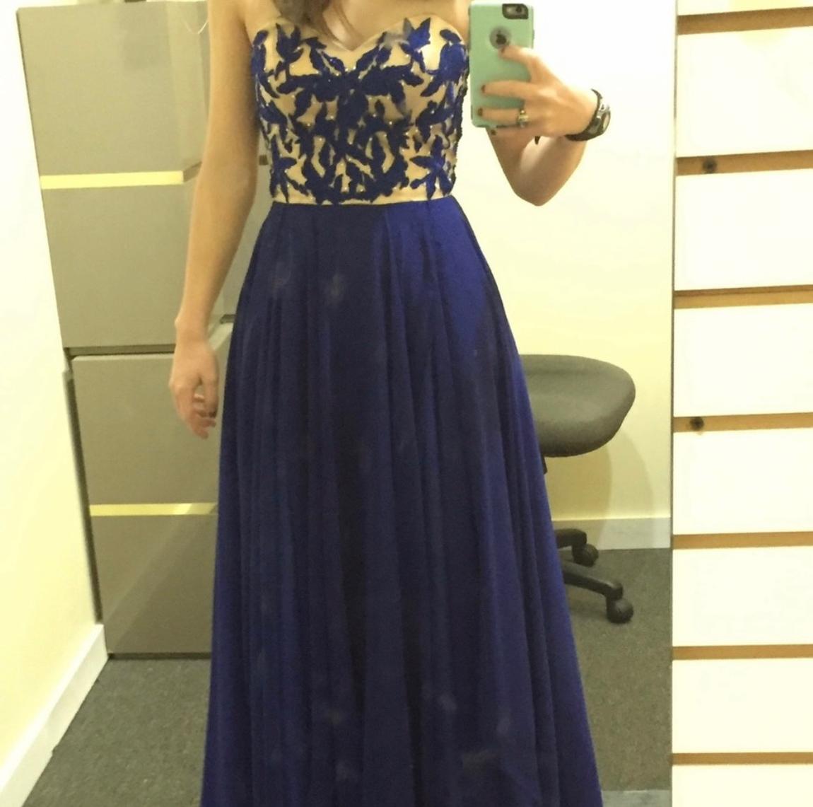 Sherri Hill Size 4 Bridesmaid Strapless Lace Royal Blue Floor Length Maxi on Queenly