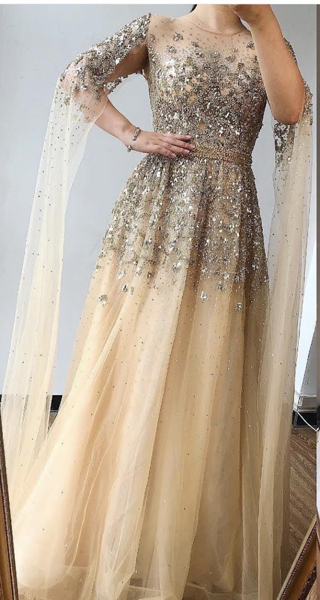 Size 8 Prom Long Sleeve Sequined Gold Ball Gown on Queenly