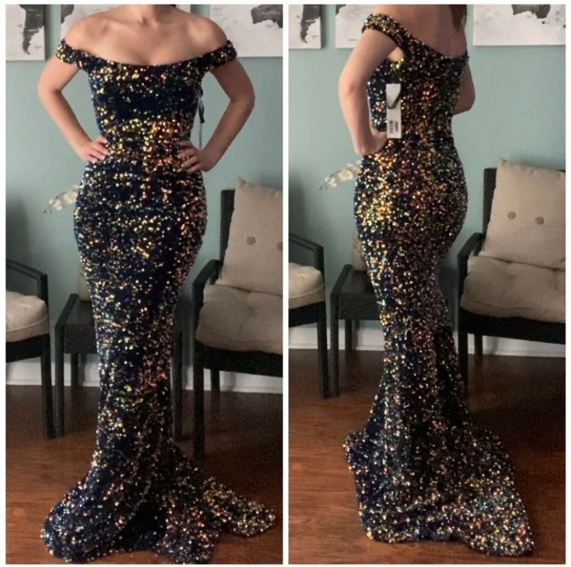 Jovani Size 0 Prom Off The Shoulder Sequined Multicolor Mermaid Dress on Queenly