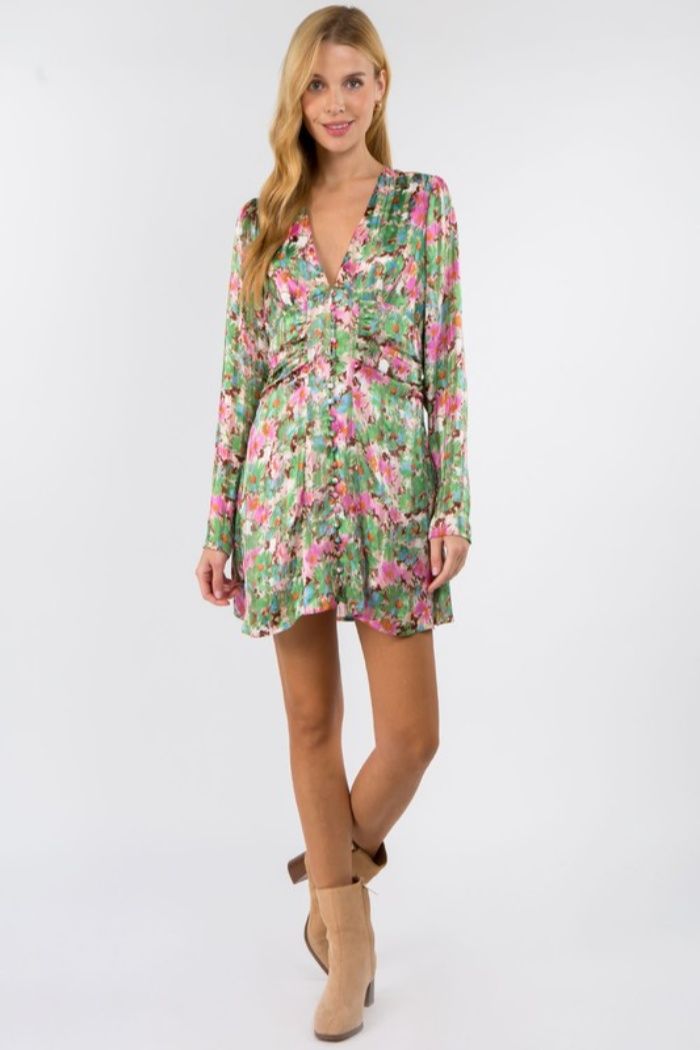 Style EKD2472 Fanco Size 2 Homecoming Long Sleeve Floral Pink Cocktail Dress on Queenly