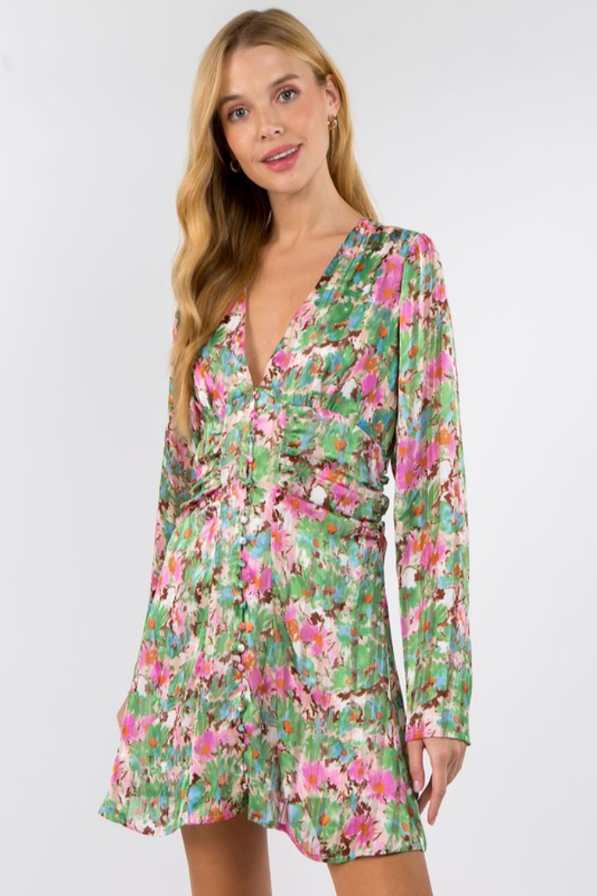Style EKD2472 Fanco Size 10 Homecoming Long Sleeve Floral Pink Cocktail Dress on Queenly