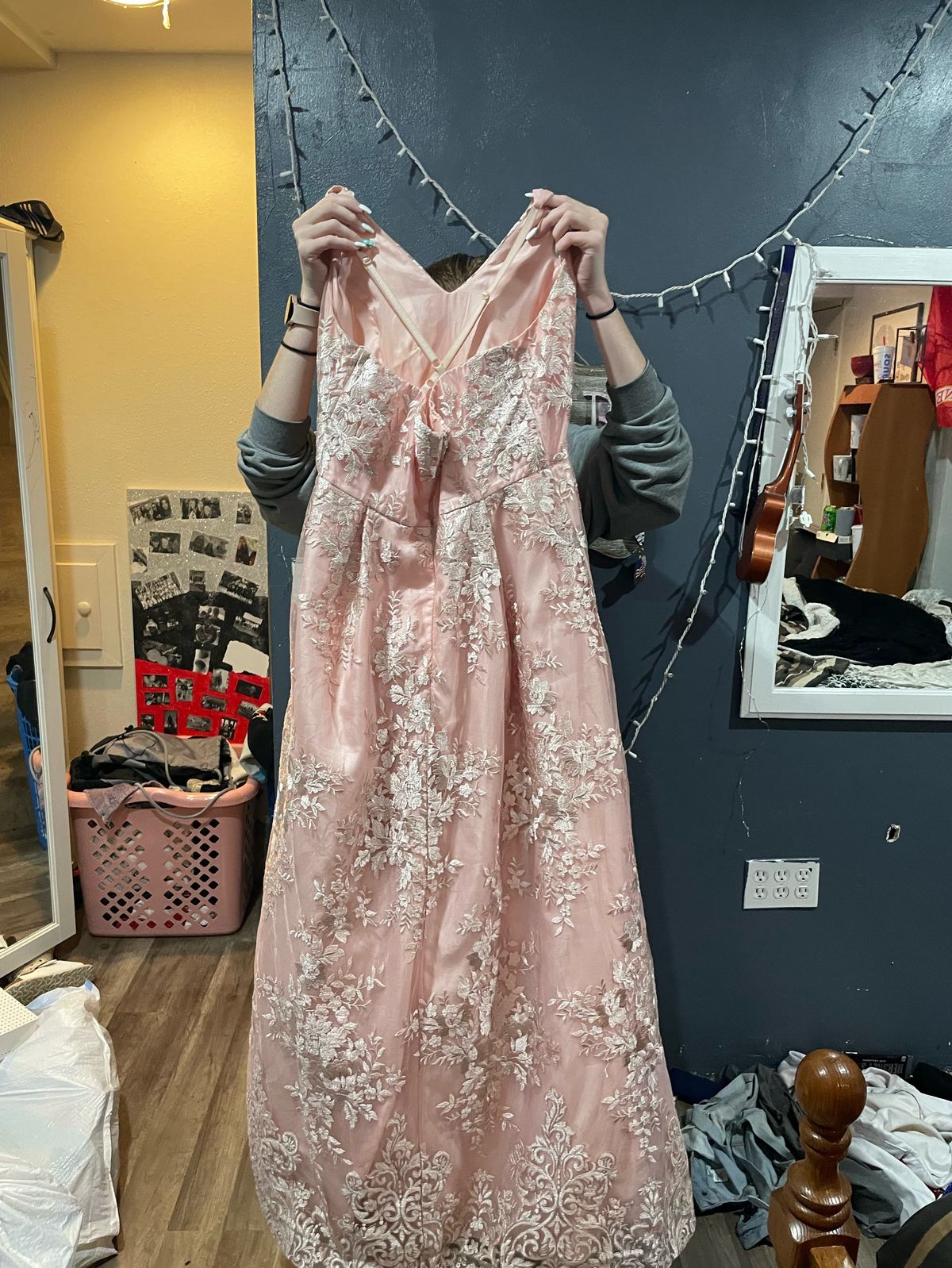 David's Bridal Size 14 Prom Sheer Light Pink Dress With Train on Queenly