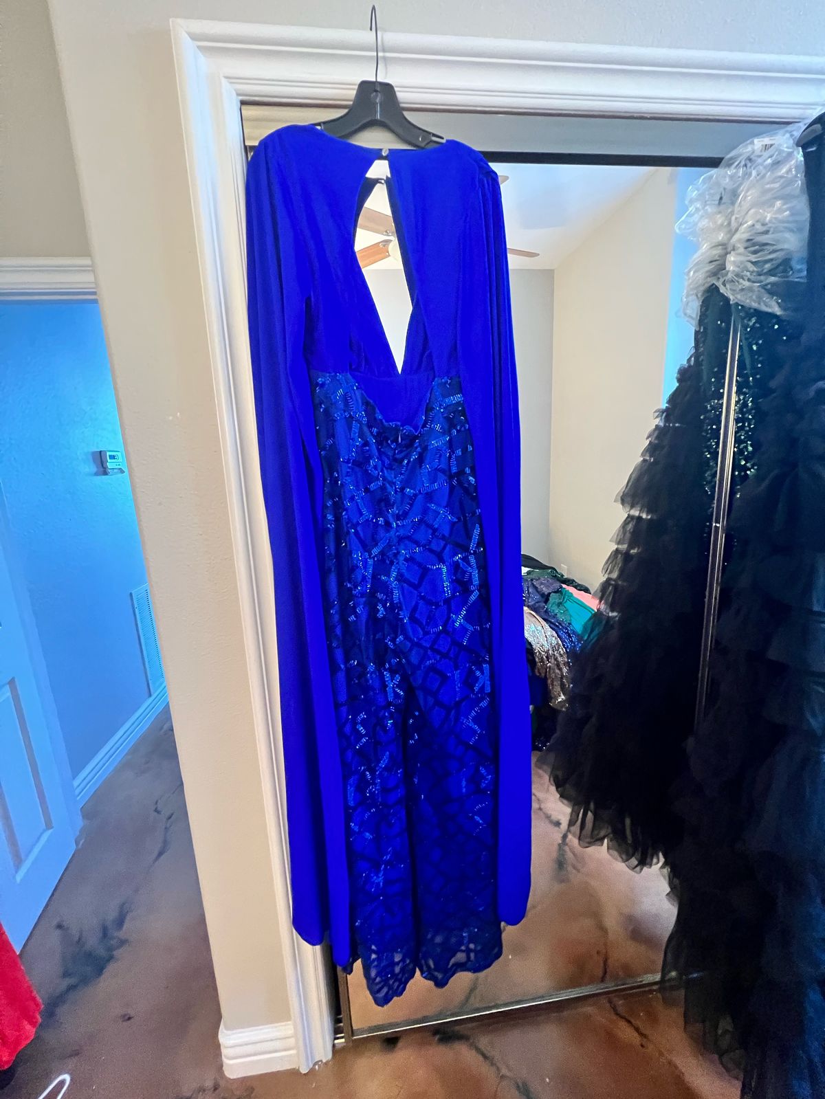 Size 8 Plunge Sequined Blue Formal Jumpsuit on Queenly