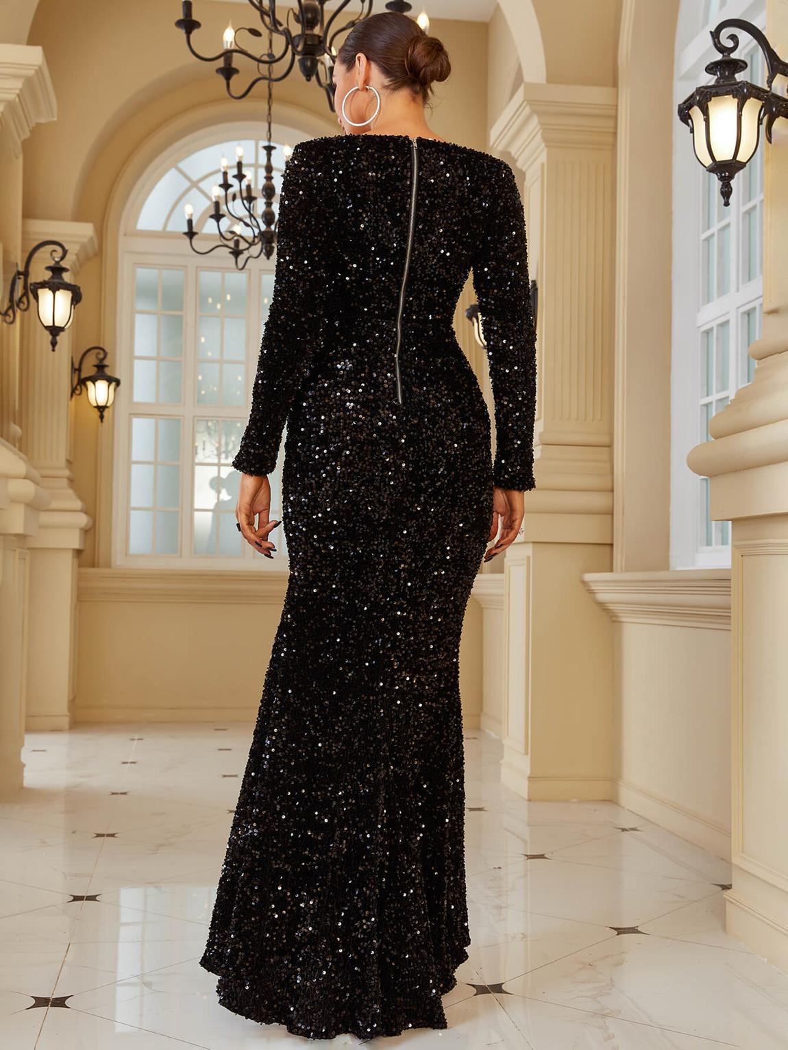 Size 8 Prom Plunge Sequined Black Side Slit Dress on Queenly