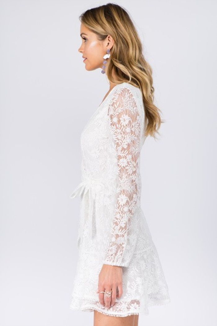 Style EKD2259 Fanco Size 10 Long Sleeve Lace White Cocktail Dress on Queenly