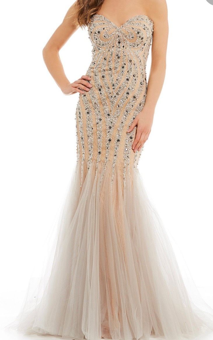 Glamour by Terani Couture Size 0 Prom Strapless Sequined Nude Mermaid Dress on Queenly