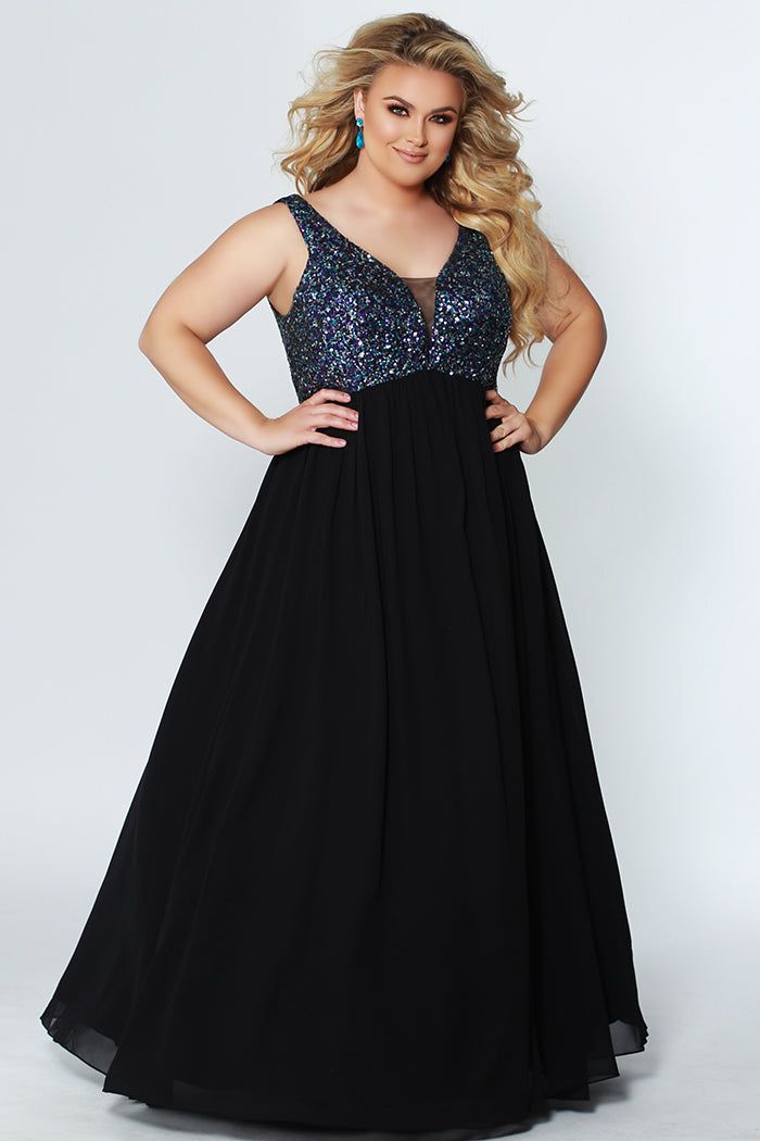 Style CE1813 Sydney's Closet Plus Size 20 Prom Sequined Black Ball Gown on Queenly