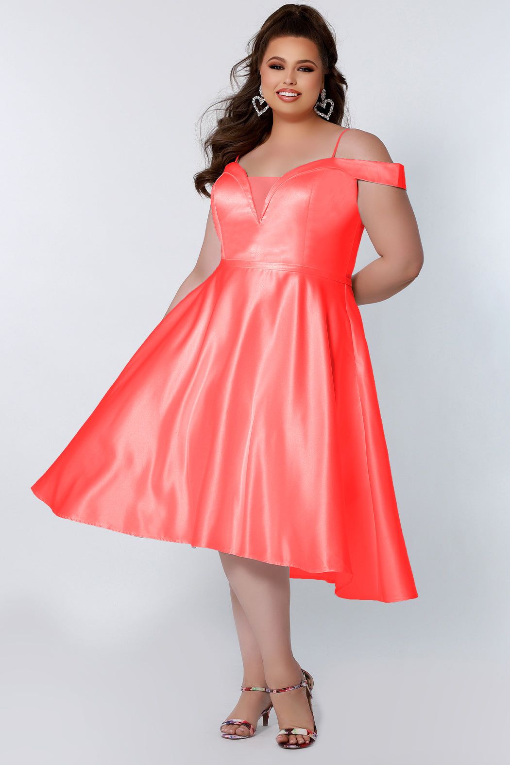 Style CE2011 Sydney's Closet Plus Size 28 Prom Off The Shoulder Satin Coral Cocktail Dress on Queenly