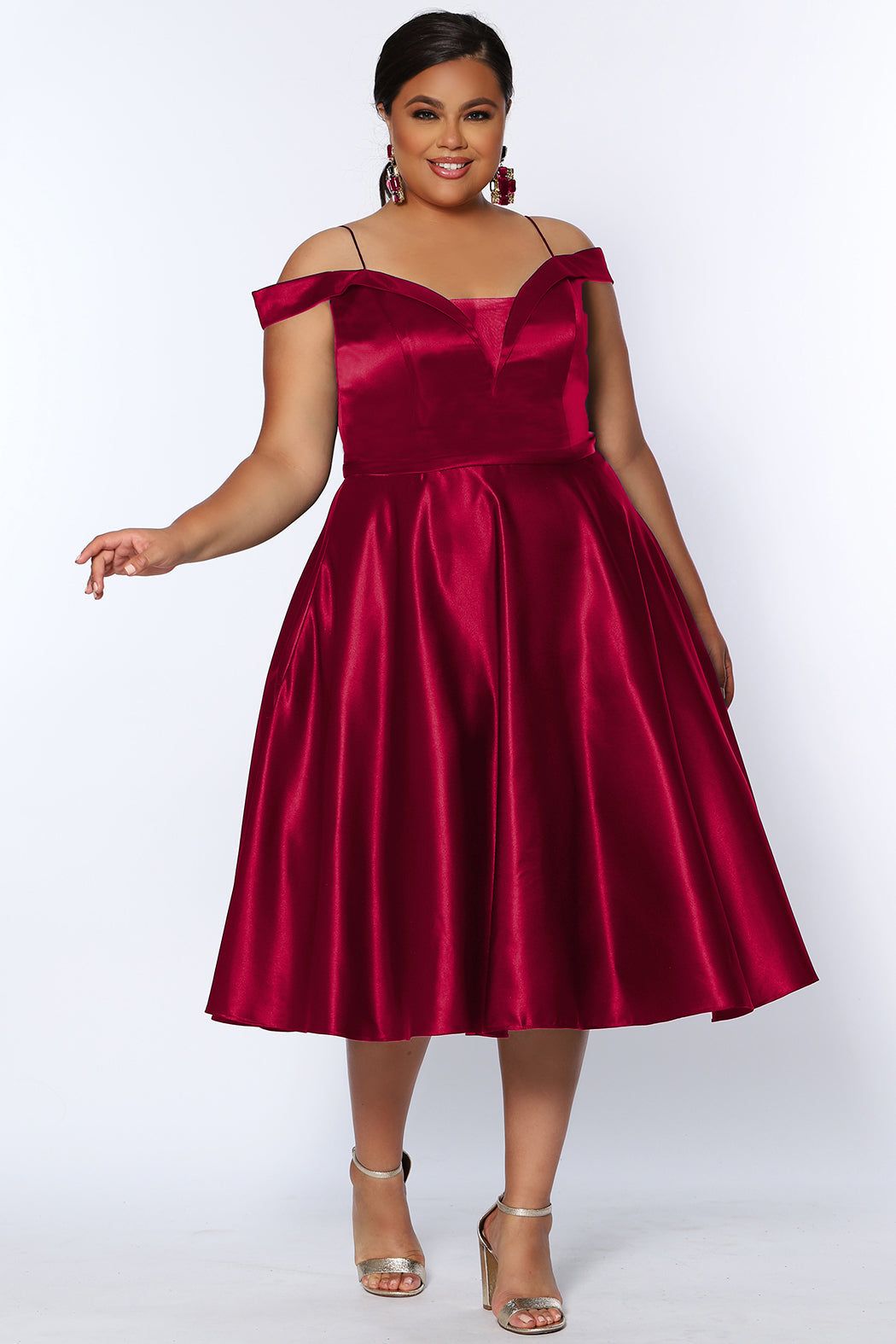 Style CE2011 Sydney's Closet Plus Size 26 Prom Off The Shoulder Satin Red Cocktail Dress on Queenly