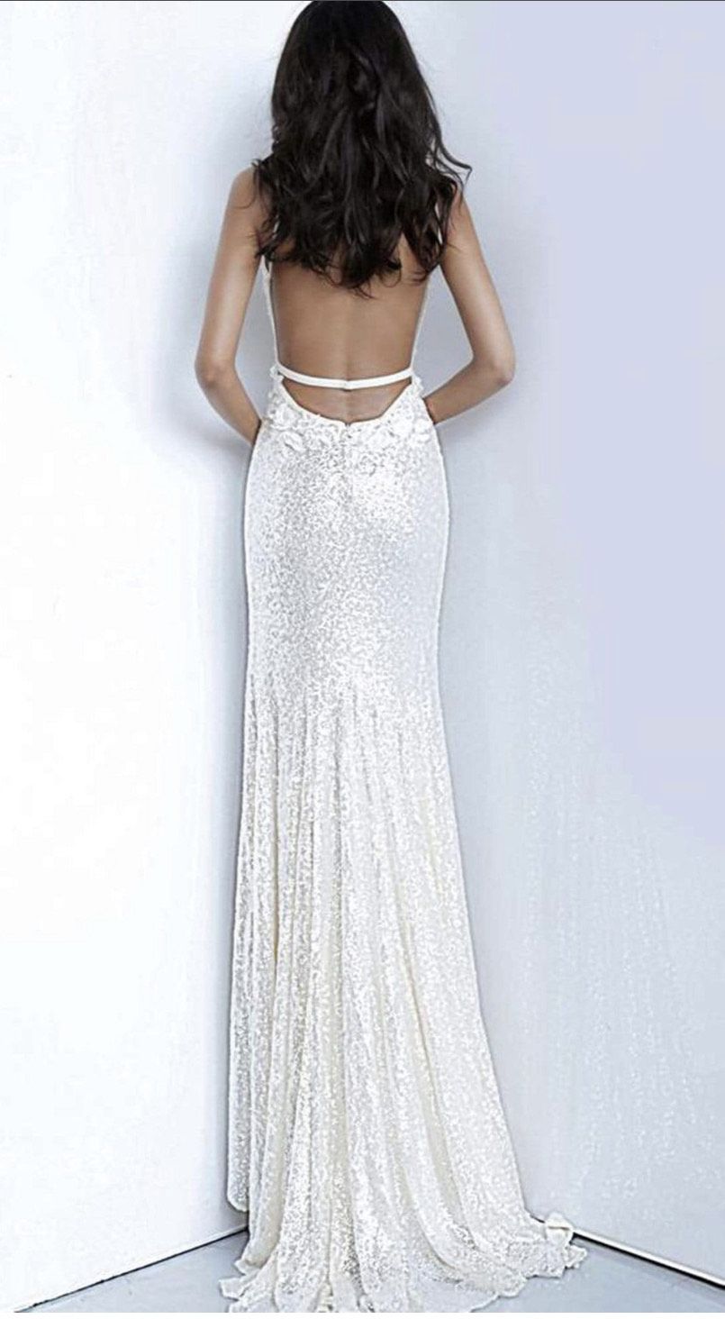 Jovani Size 2 Wedding Plunge Floral White Side Slit Dress on Queenly