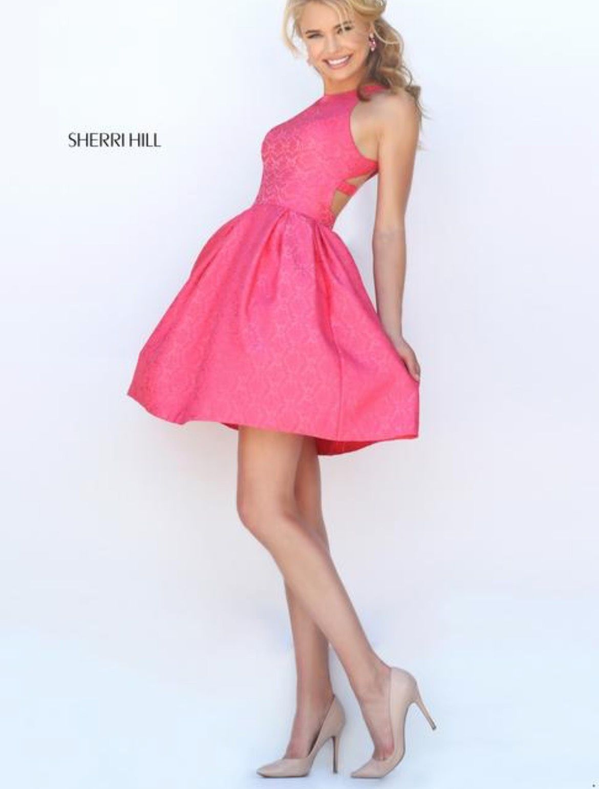 Sherri Hill Size 4 Bridesmaid High Neck Satin Hot Pink Cocktail Dress on Queenly