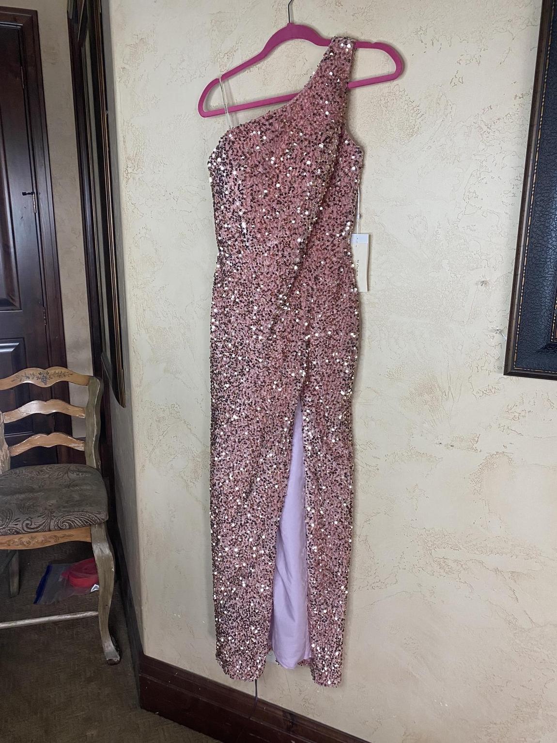 Size 8 Homecoming One Shoulder Sequined Light Pink Side Slit Dress on Queenly