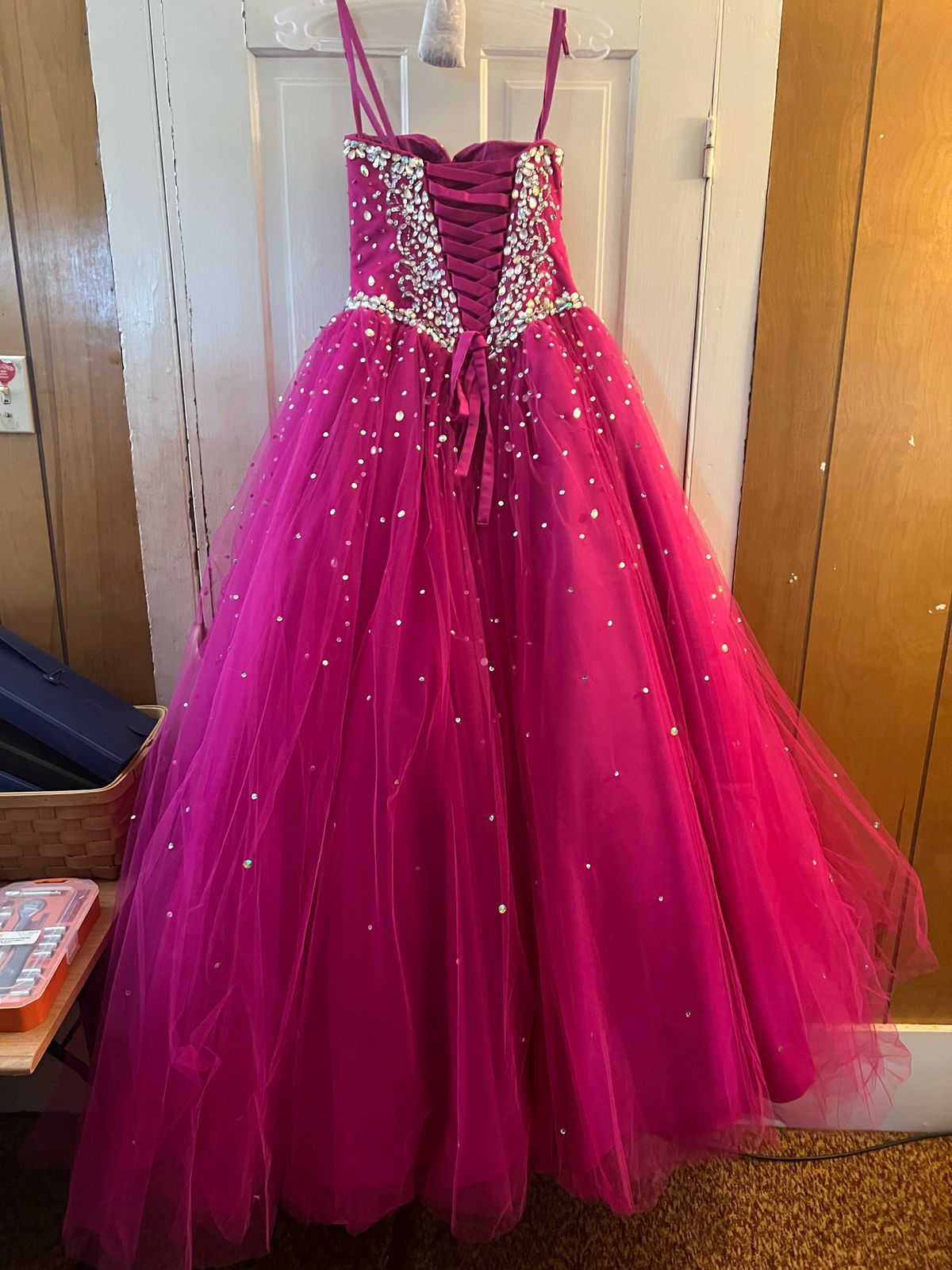 MoriLee Size 8 Prom Strapless Lace Hot Pink Ball Gown on Queenly
