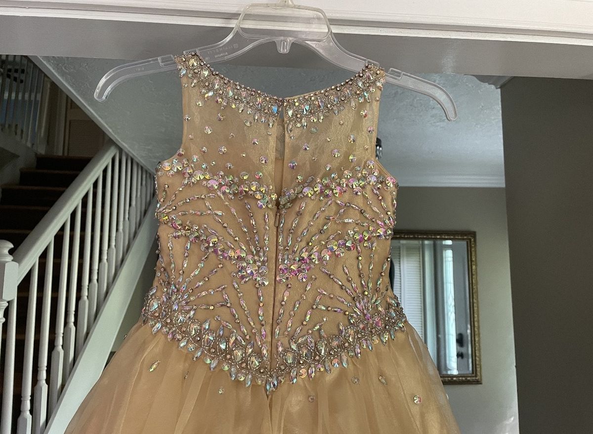 Girls Size 6 Pageant Sequined Gold Ball Gown on Queenly