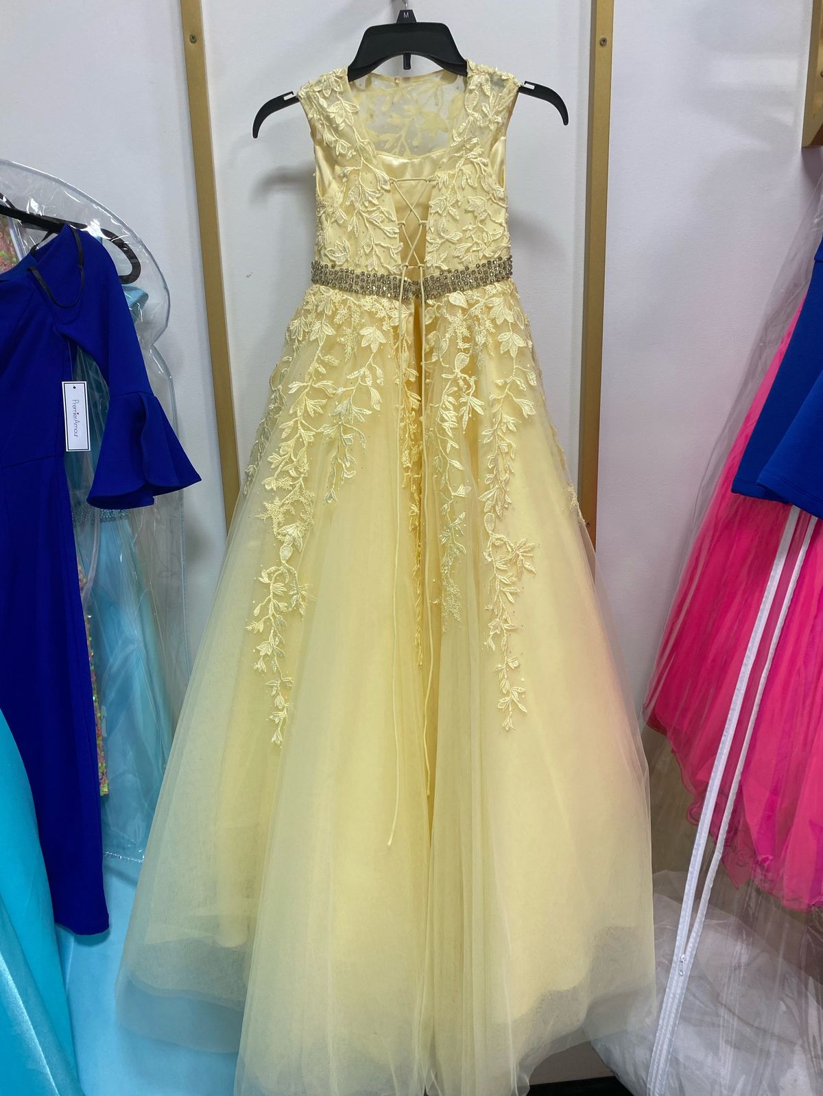 Girls Size 8 Sheer Yellow Ball Gown on Queenly