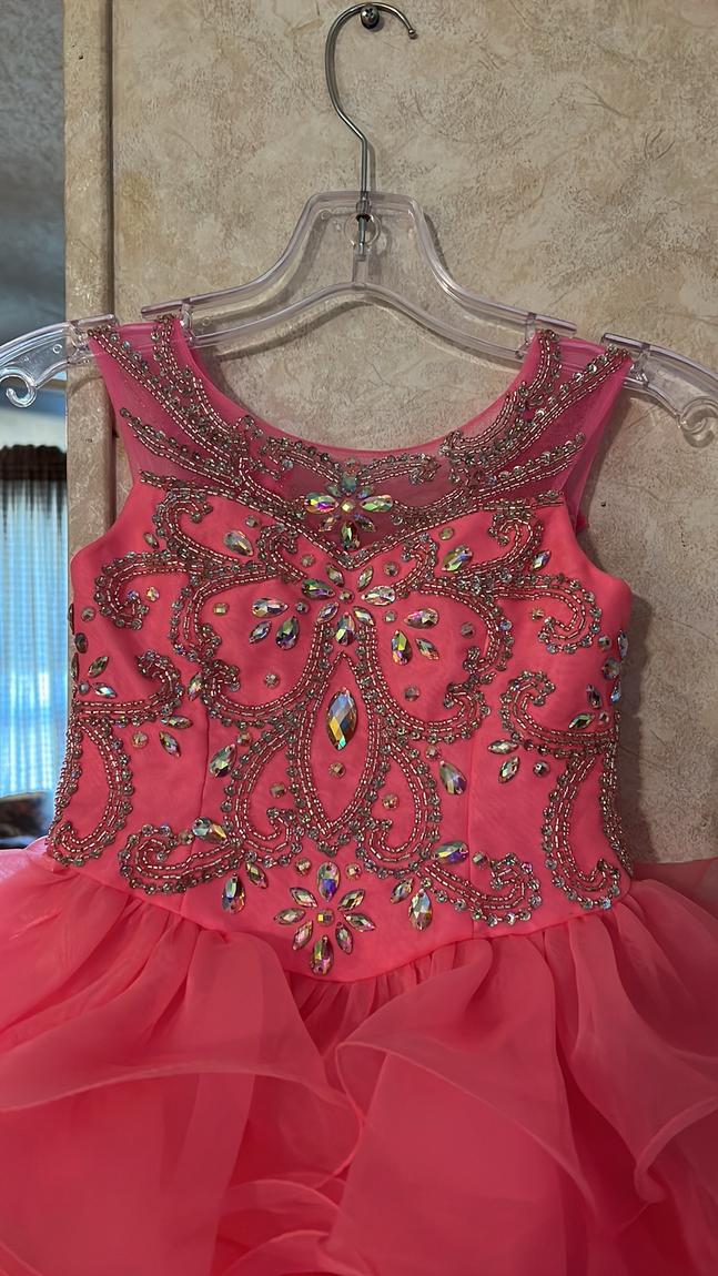 Girls Size 4 Pageant Sequined Coral Ball Gown on Queenly