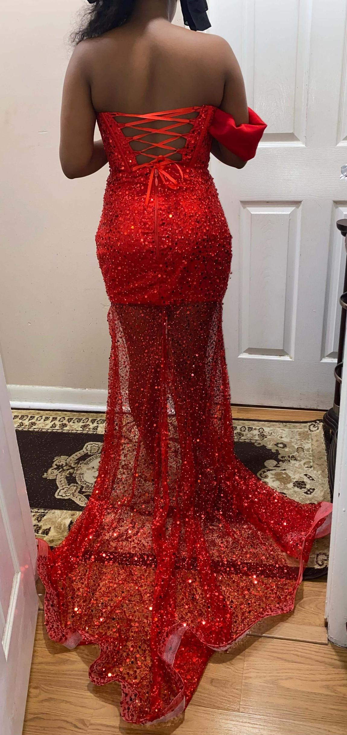 Size 6 Prom One Shoulder Sequined Red A-line Dress on Queenly