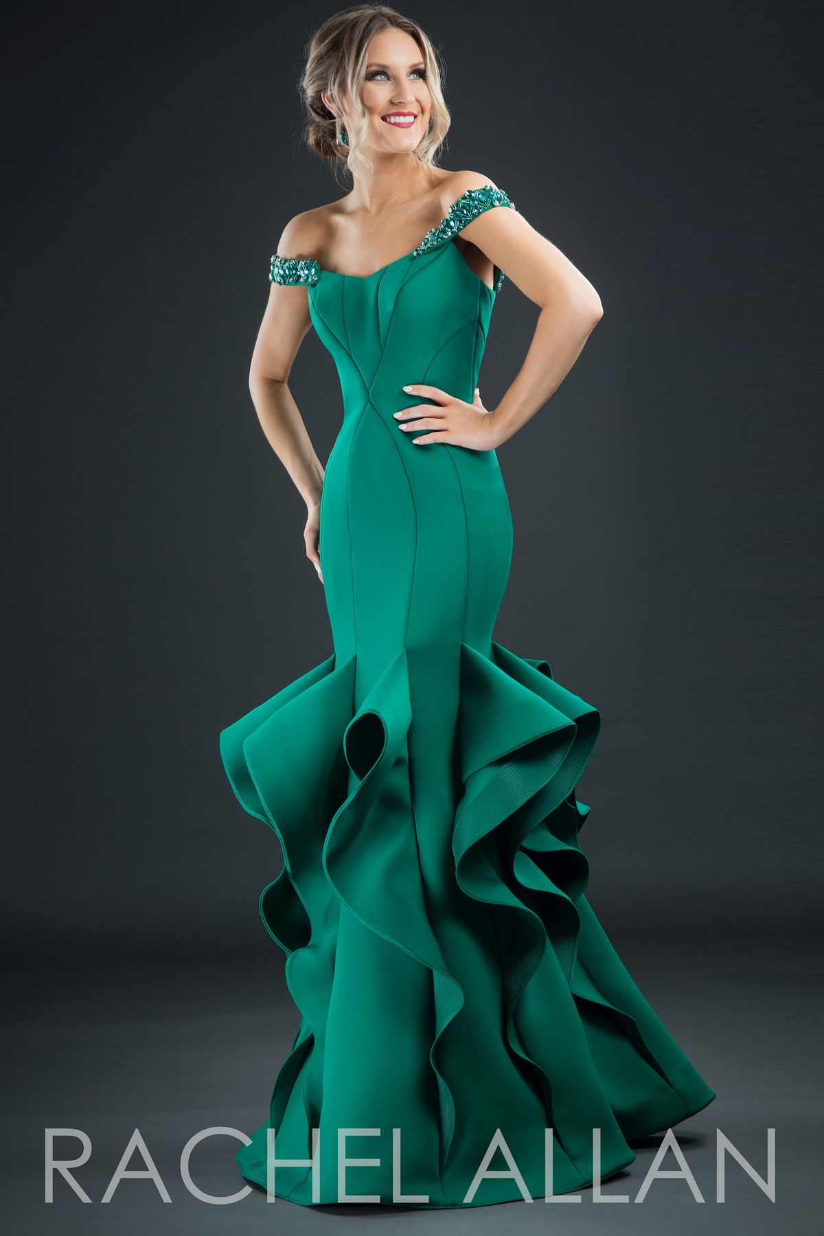 Rachel Allan Size 4 Wedding Guest Off The Shoulder Sequined Emerald Green Mermaid Dress on Queenly