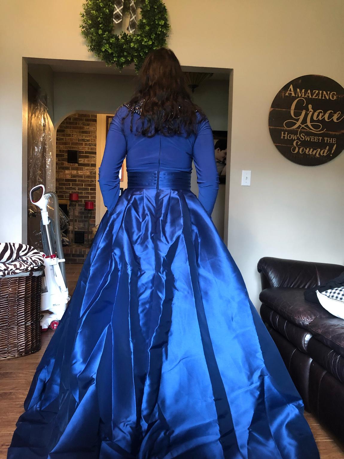 Size 10 Prom Long Sleeve Blue Ball Gown on Queenly