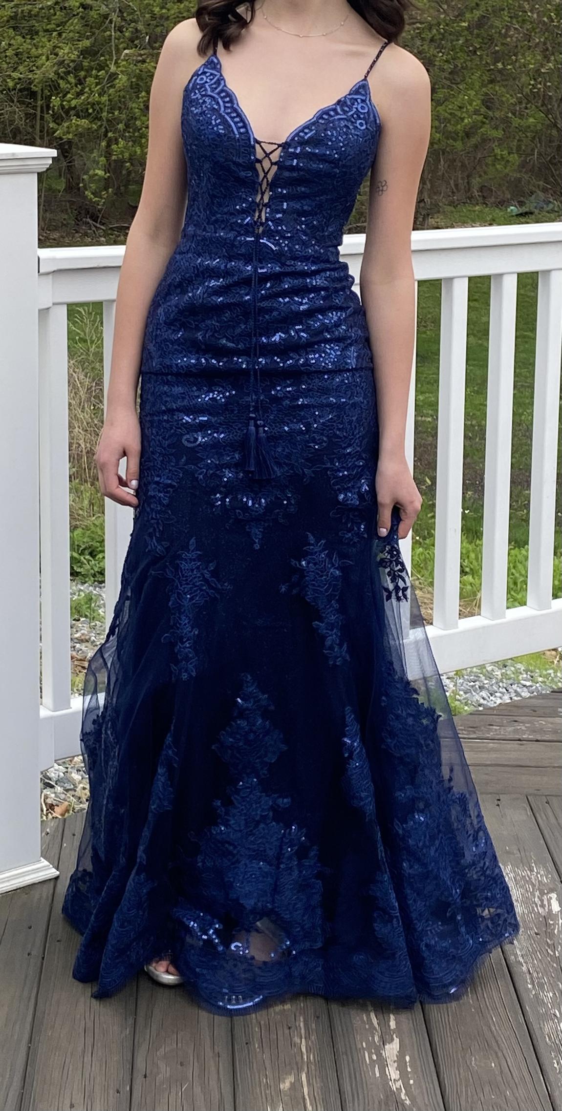 Ellie Wilde Size 0 Prom Sequined Navy Blue Mermaid Dress on Queenly