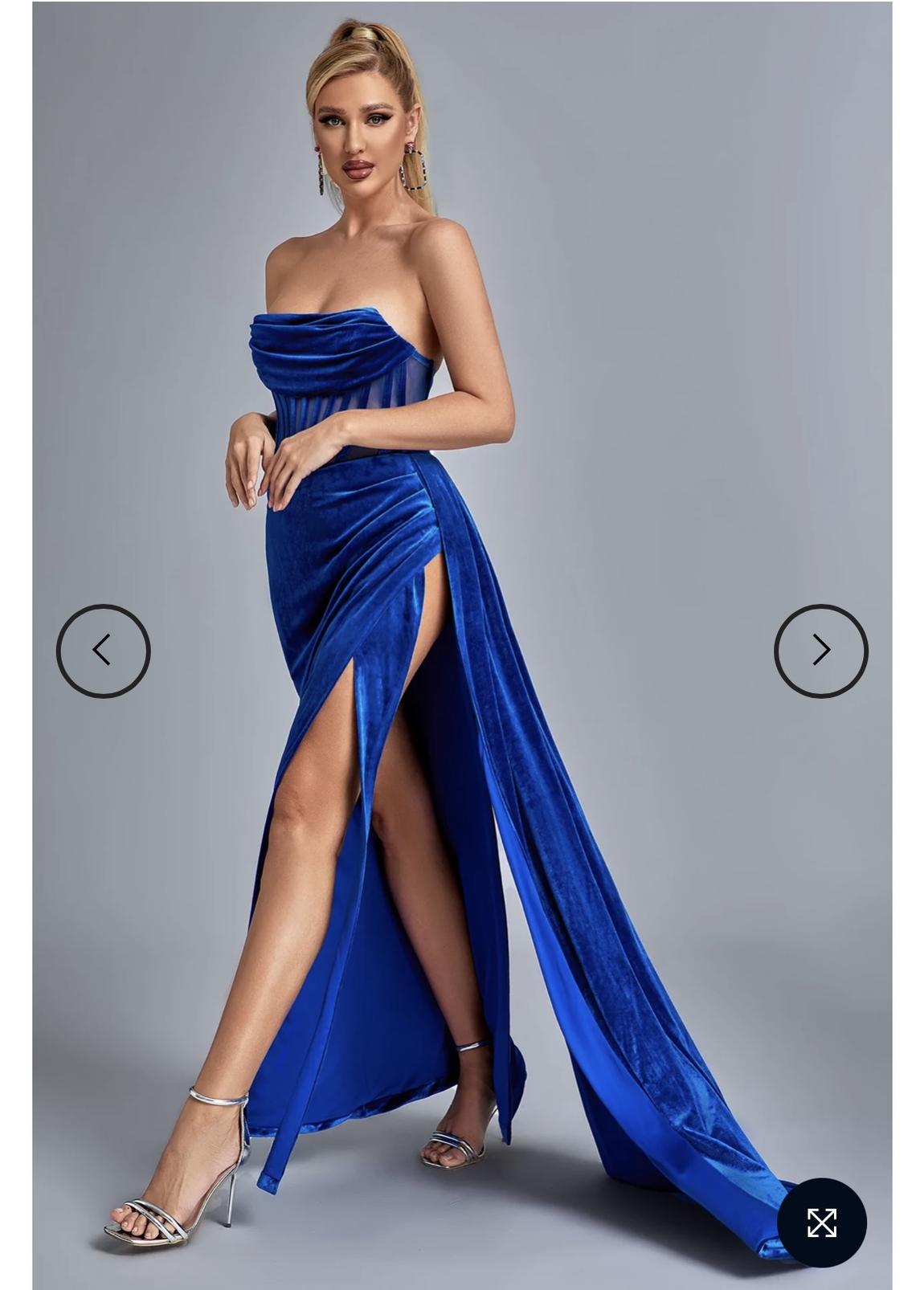 Size 8 Bridesmaid Strapless Velvet Blue Side Slit Dress on Queenly