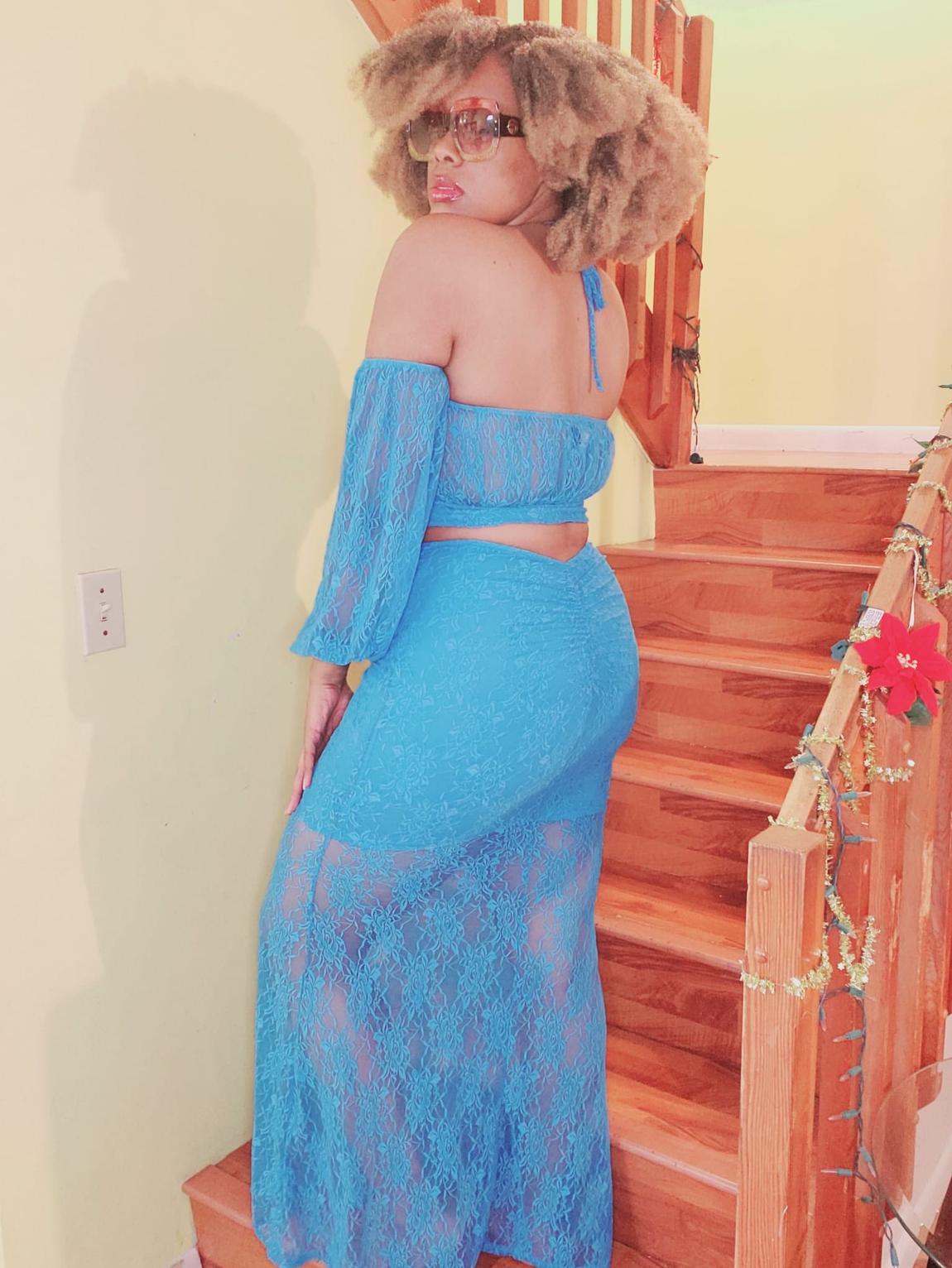 Size 12 Long Sleeve Sheer Blue Mermaid Dress on Queenly