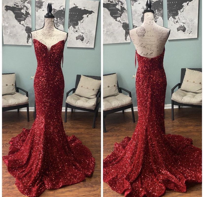Portia and Scarlett Size 2 Prom Strapless Sequined Red Mermaid Dress on Queenly