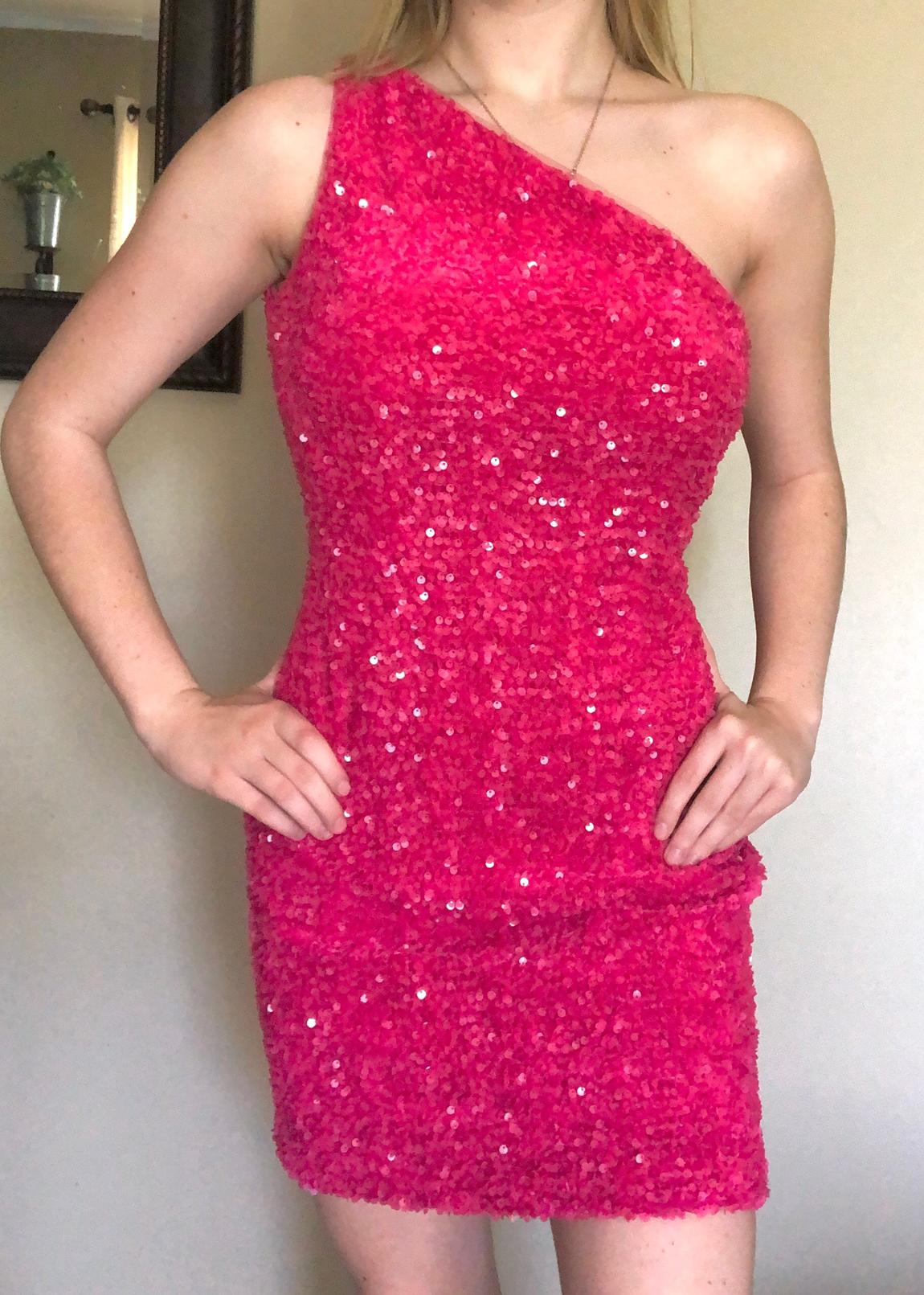 Size 2 Homecoming One Shoulder Sequined Hot Pink Cocktail Dress on Queenly