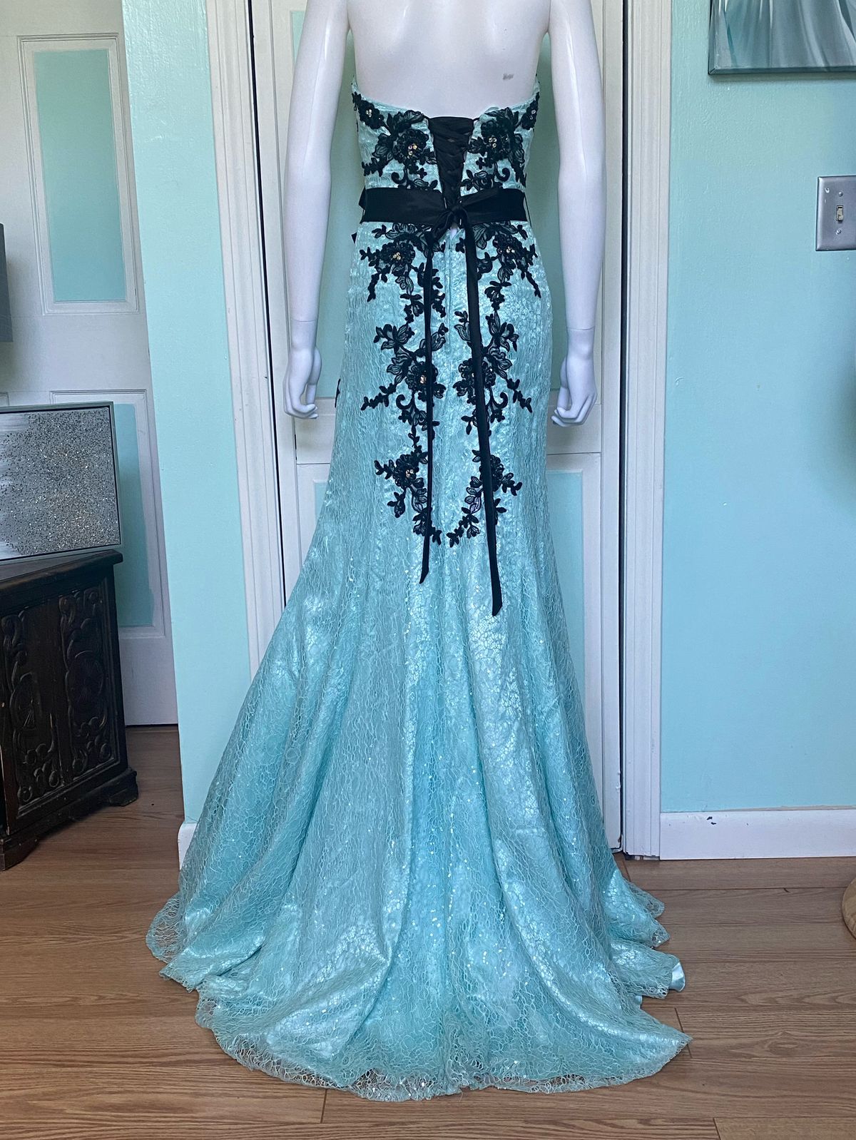 SLK Size 4 Prom Strapless Lace Turquoise Blue Mermaid Dress on Queenly