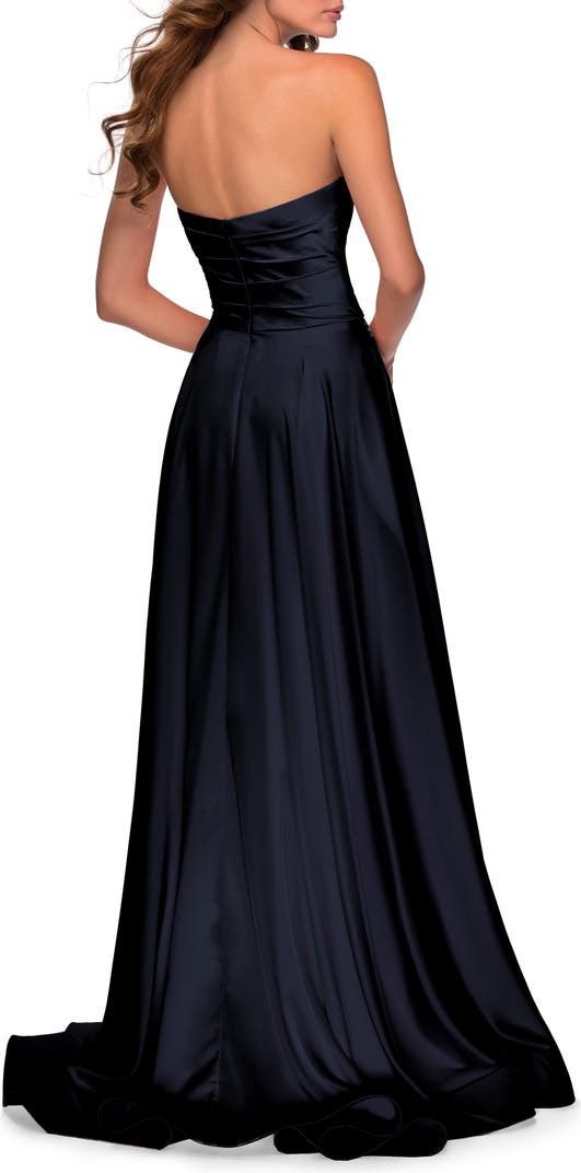 La Femme Size 4 Strapless Navy Blue Ball Gown on Queenly