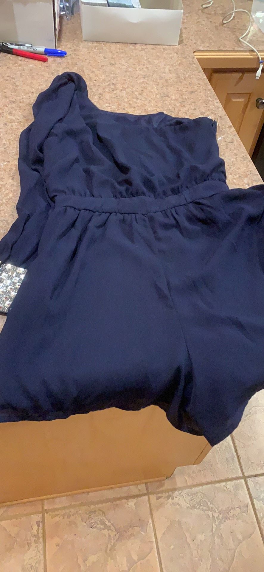 Charlotte Russe Size 2 Homecoming Long Sleeve Sequined Navy Blue Formal Jumpsuit on Queenly