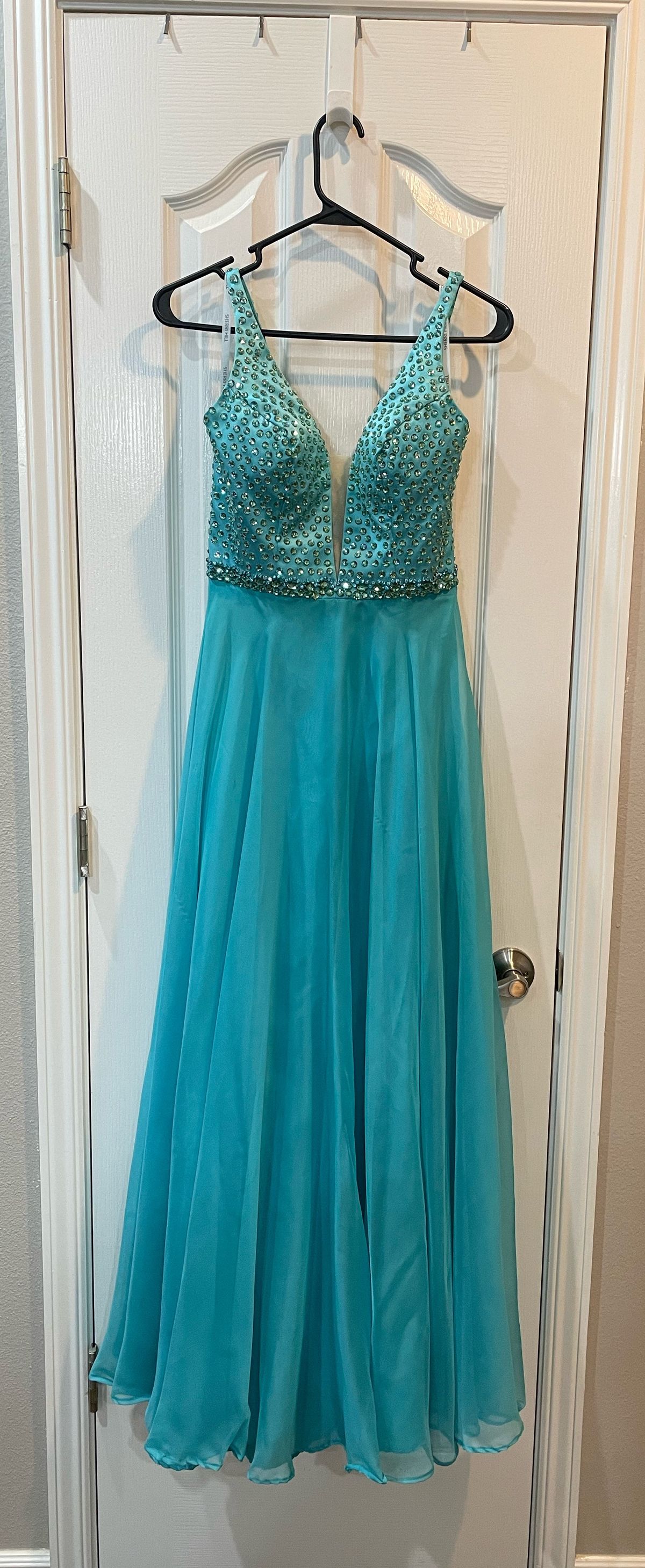 Sherri Hill Size 4 Bridesmaid Plunge Sequined Light Blue A-line Dress on Queenly