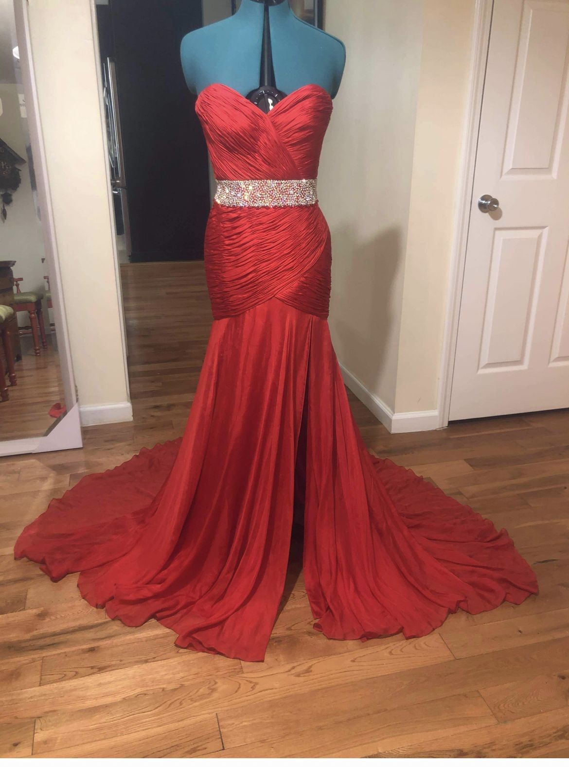Jovani Couture Size 6 Red Side Slit Dress on Queenly