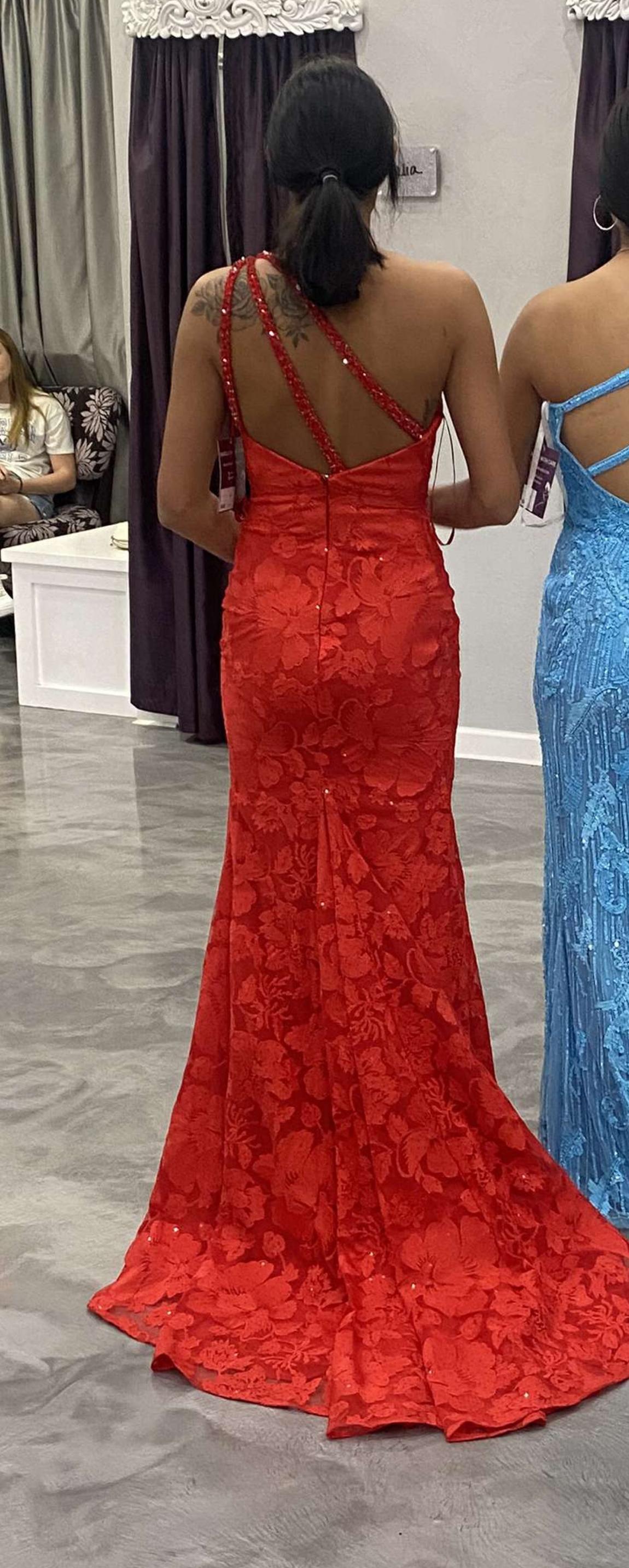 Size 00 Prom One Shoulder Sequined Red Side Slit Dress on Queenly