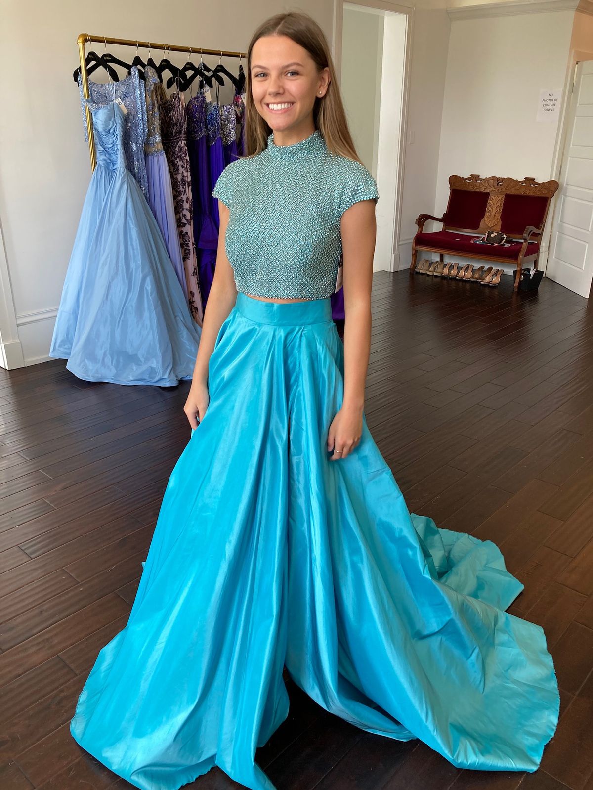 Sherri Hill Size 00 Prom High Neck Satin Light Blue Ball Gown on Queenly