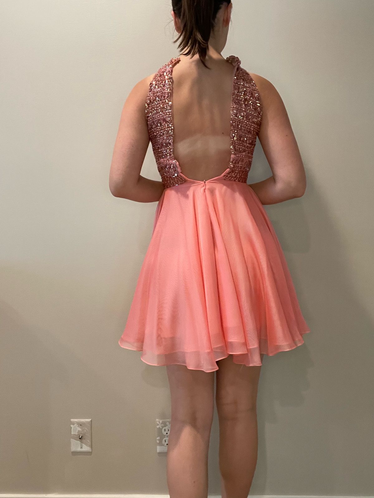 Sherri Hill Size 00 Bridesmaid Halter Sequined Coral Cocktail Dress on Queenly