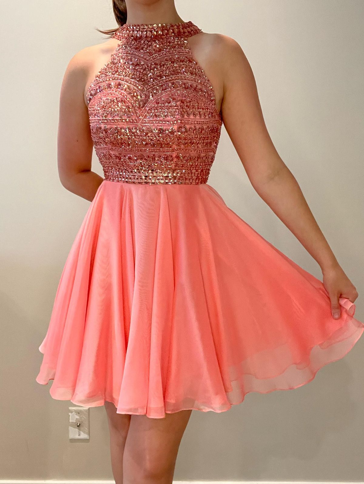 Sherri Hill Size 00 Bridesmaid Halter Sequined Coral Cocktail Dress on Queenly