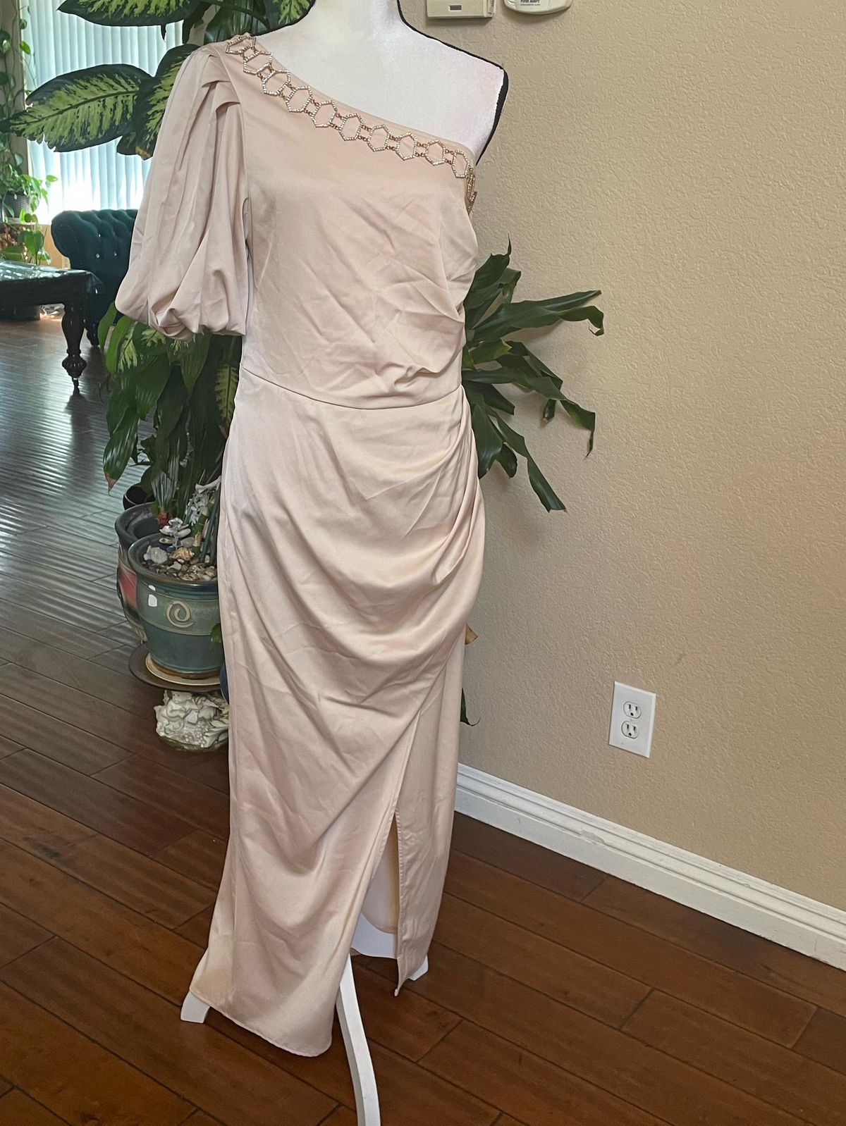 Size 10 Prom One Shoulder Sequined Nude Floor Length Maxi on Queenly