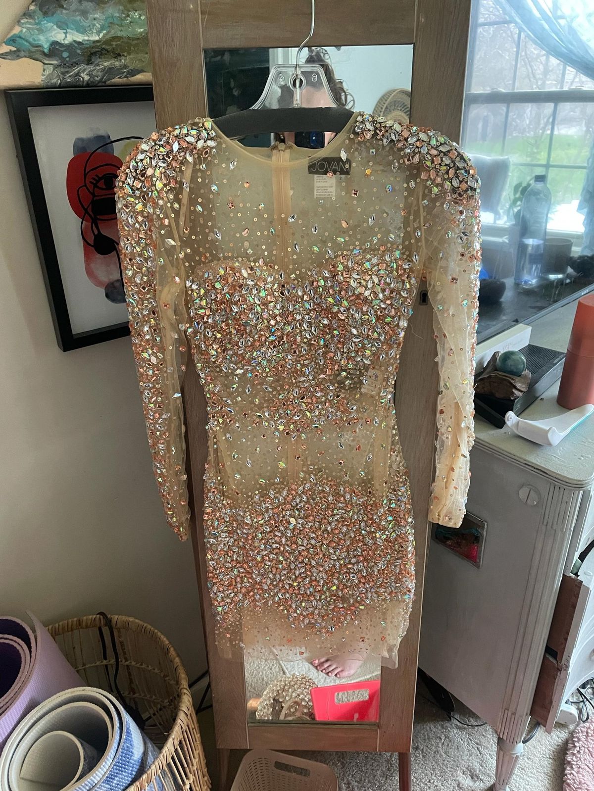 Jovani Size 2 Homecoming Long Sleeve Sequined Nude Cocktail Dress on Queenly