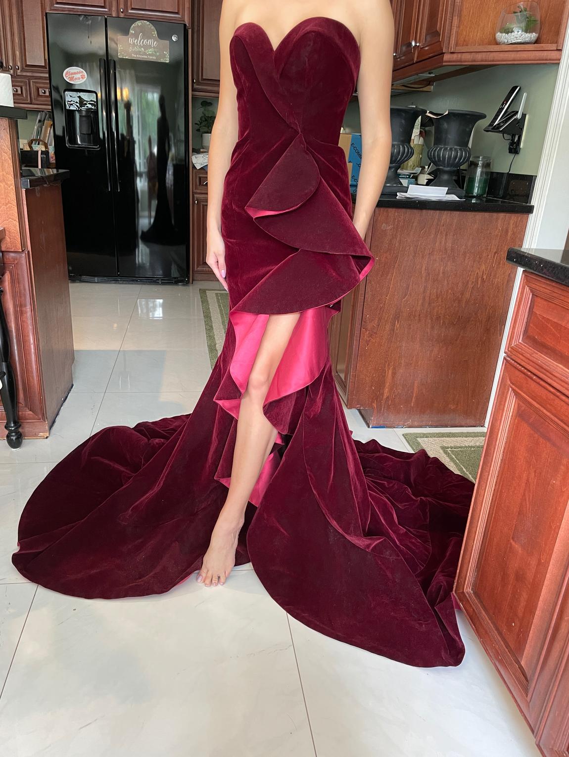 Mac Duggal Size 2 Velvet Burgundy Red Side Slit Dress on Queenly