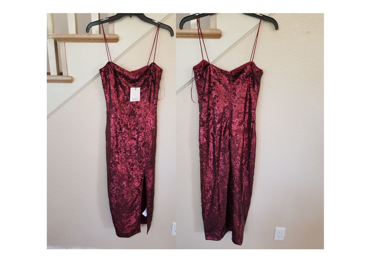 Style Tamara Wine Spaghetti Strap Sequined Midi Sheath Cocktail Dress MISHA COLLECTION  Size 4 Red Cocktail Dress on Queenly