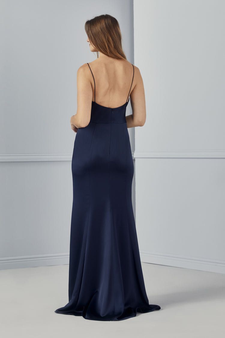 AMSALE Size 10 Satin Blue Side Slit Dress on Queenly