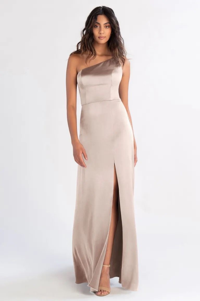 Jenny Yoo Plus Size 16 Satin Nude Side Slit Dress on Queenly